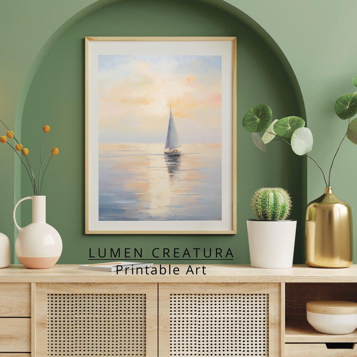 Sailboat Neutral Soft Coastal Landscape, Vintage - Image 3