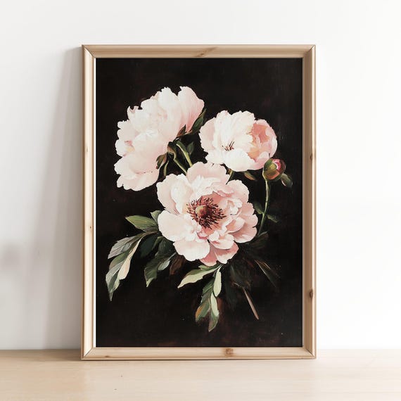 Moody Pink Peonies Painting Vintage Art Print Flower Print Dark Floral Print Farmhouse Decor Wall Art