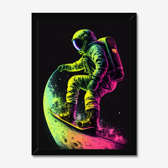 Neon Astronaut Snowboarding on the Moon Cosmic Pop Art Poster