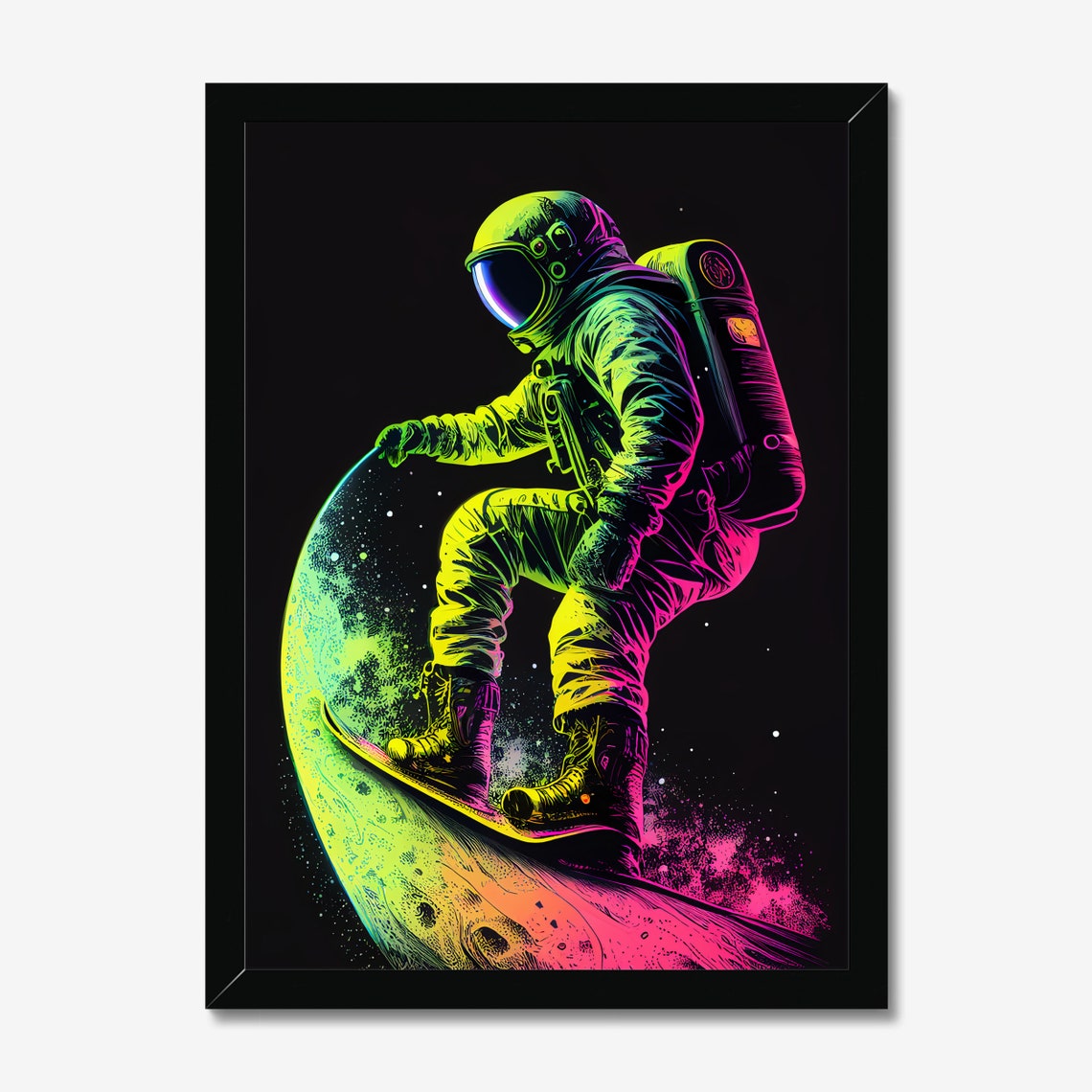 Neon Astronaut Snowboarding on the Moon Cosmic Pop Art Poster