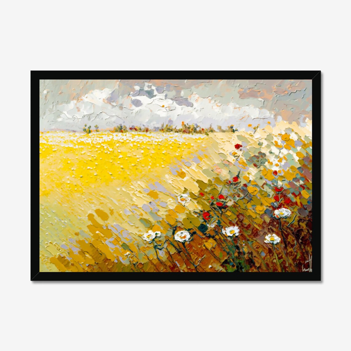 Golden Yellow Wildflower Field Palette Knife Impasto Art Poster