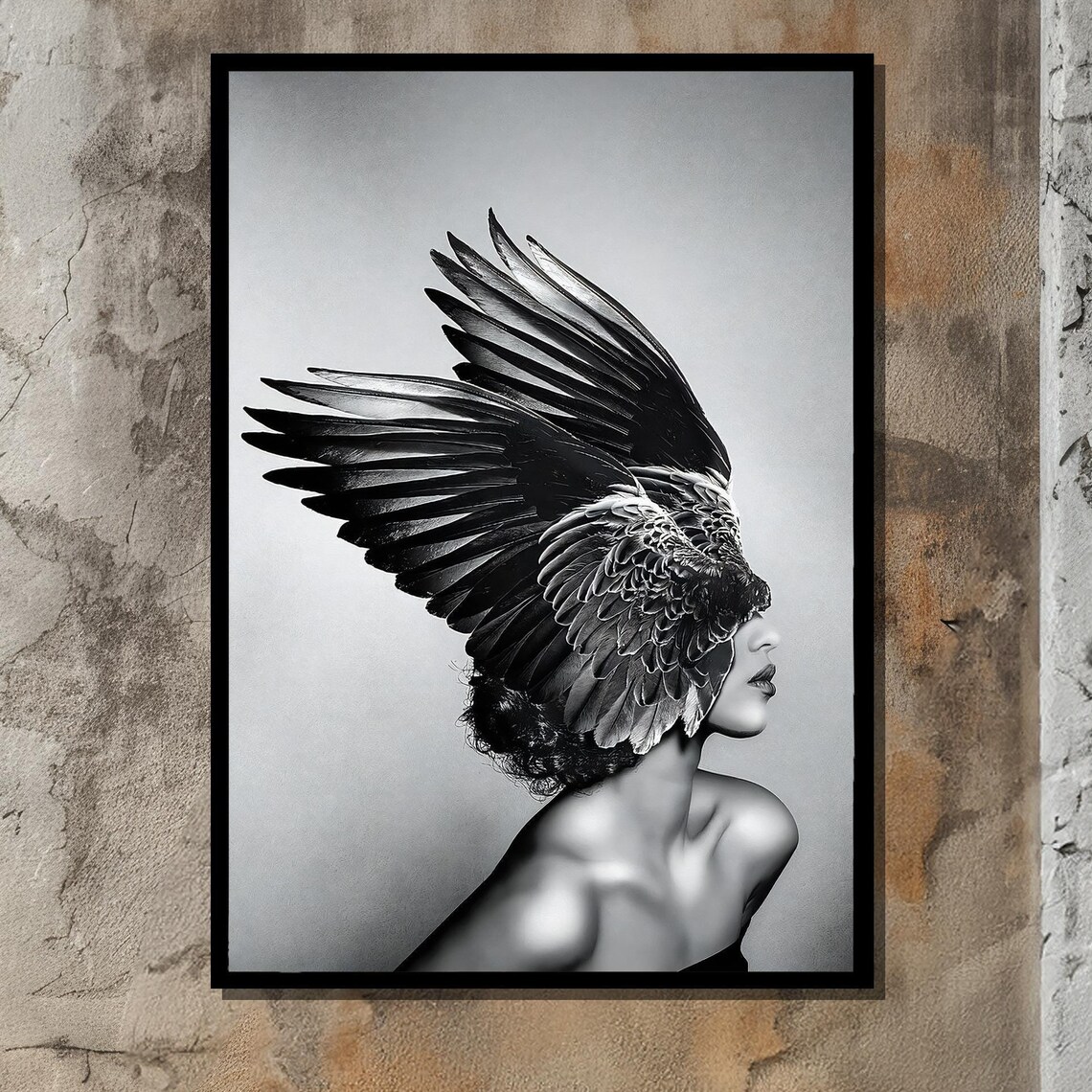 Black and White Woman Wing Headdress Surreal Bird Feather Art Poster
