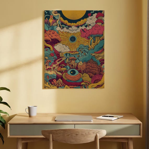 Psychedelic Surreal Canvas Wall Art Trippy Mushroom Fantasy Print Colorful Abstract Dreamscape Painting Visionary Cosmic Decor