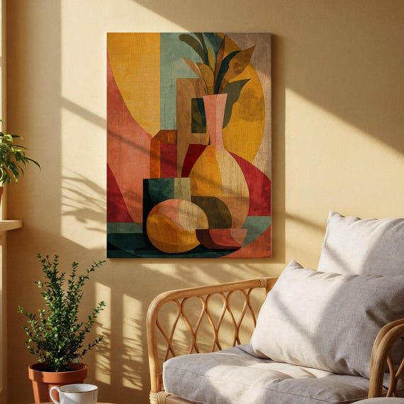 Cubist Still Life Canvas Art Abstract Geometric Vase And Fruit Design Modern Colorful Wall Decor For Living Room Dining Or Office