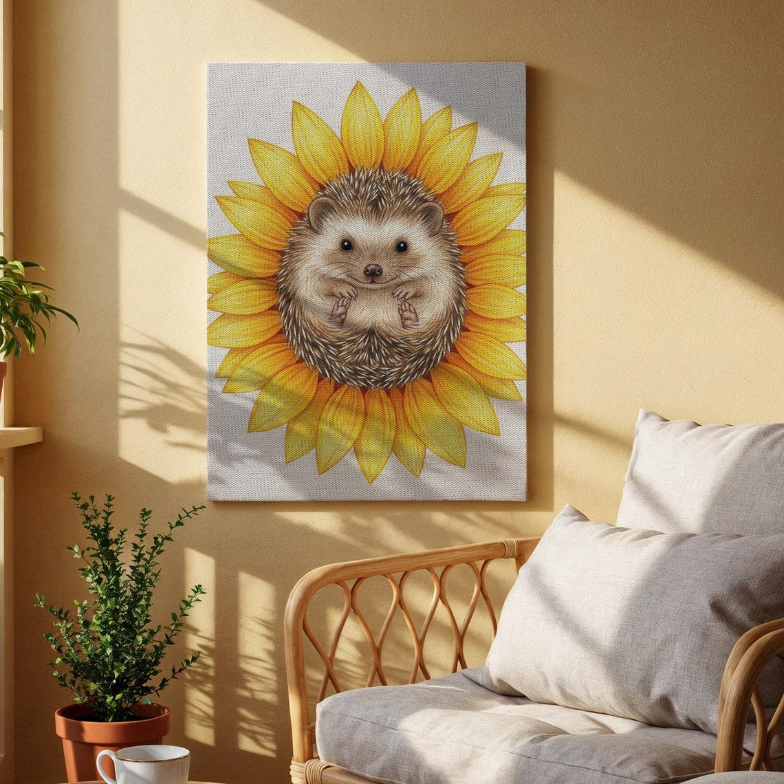 Cute Hedgehog Curled Inside Sunflower Bloom Nursery Canvas Poster