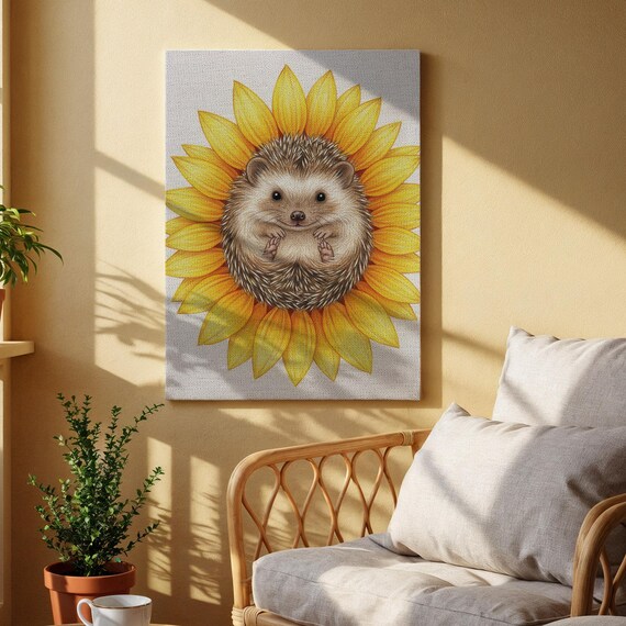 Cute Hedgehog Curled Inside Sunflower Bloom Nursery Canvas Poster