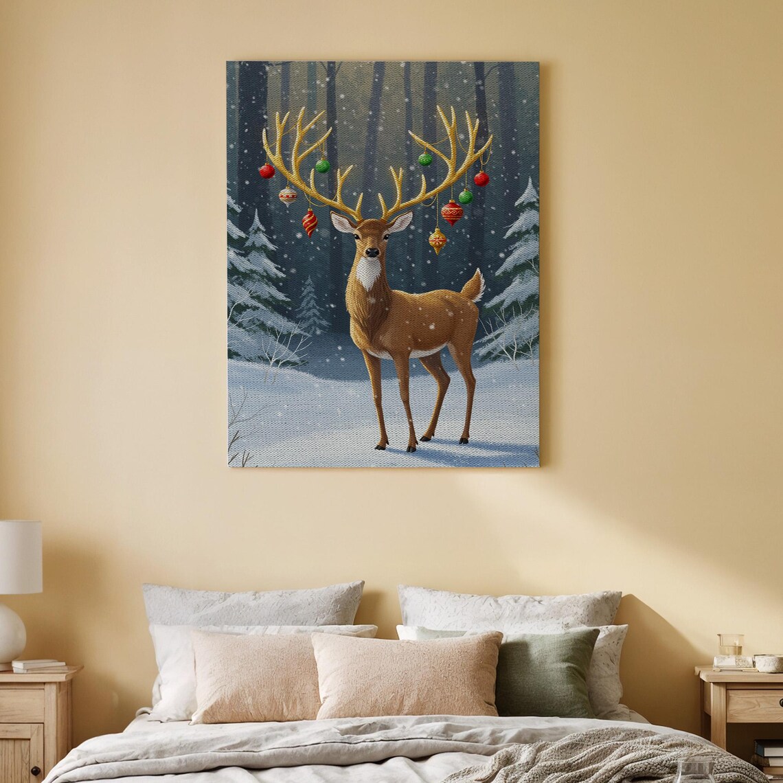 Christmas Reindeer Antler Ornaments Snowy Forest Holiday Wall Art