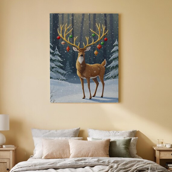 Christmas Reindeer Antler Ornaments Snowy Forest Holiday Wall Art