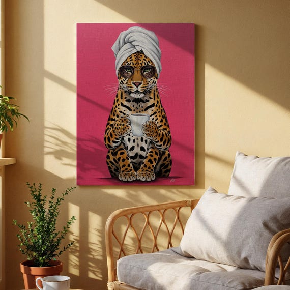 Leopard With Turban And Coffee Canvas Art Fun Animal Print Cozy Home Decor For Living Room Or Bedroom