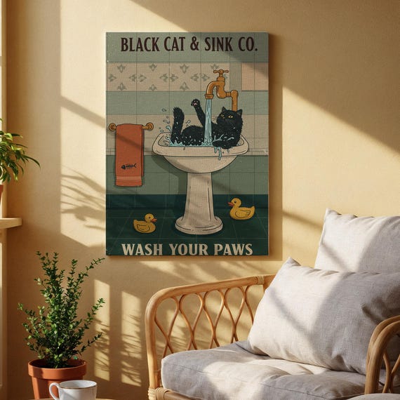 Black Cat Sink Canvas Art Funny Wash Your Paws Sign Vintage Style Humor Artwork For Bathroom Kitchen Or Pet Lovers Decor