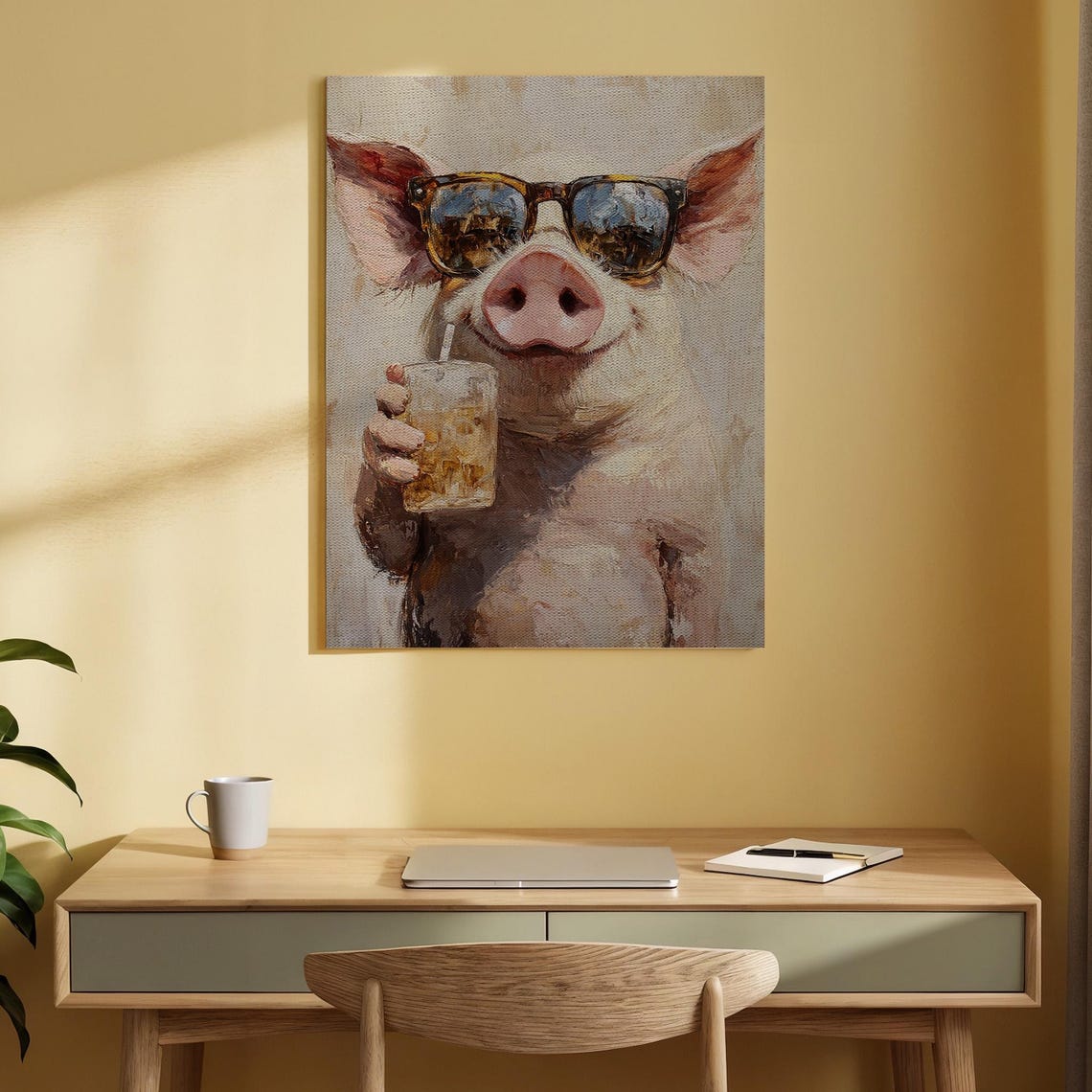 Cool Pig Sunglasses Funny Farm Animal Drinking Whimsical Art Poster