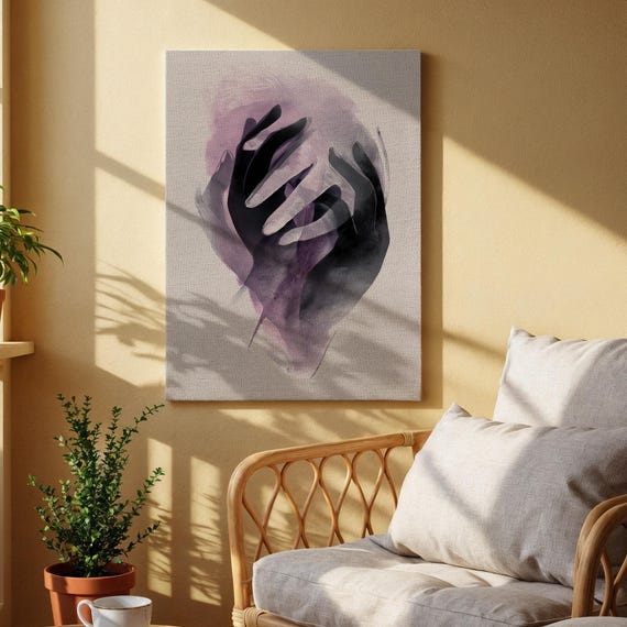 Abstract Hands Canvas Wall Art Minimalist Black And Purple Hand Silhouette Painting Modern Surreal Artwork For Bedroom Office Decor