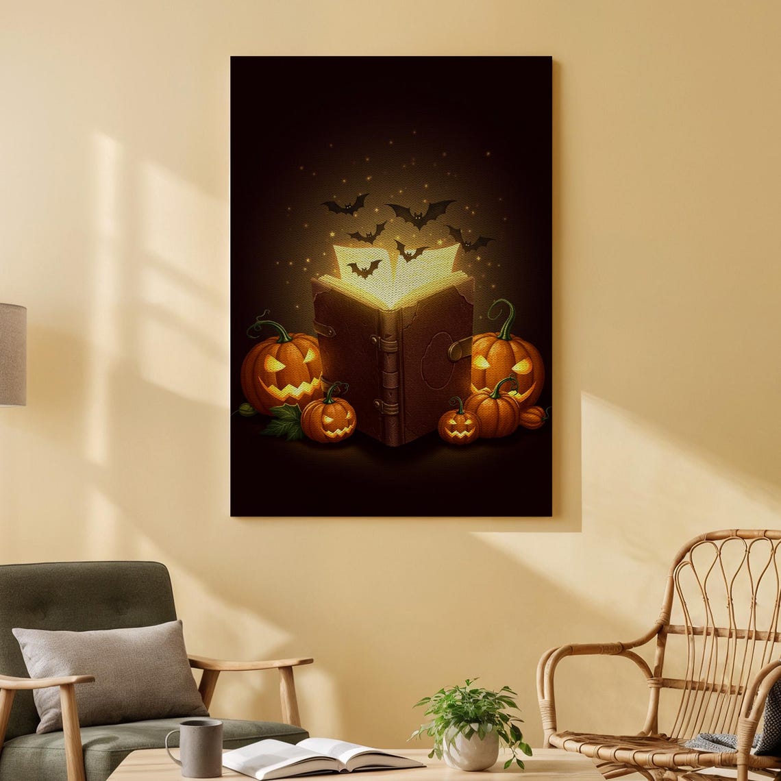 Halloween Magic Spellbook Glowing Book Pumpkin Bat Spooky Art Poster
