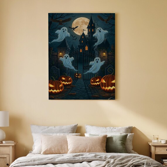 Haunted Castle Halloween Canvas Wall Art Spooky Ghosts And Pumpkin Print Dark Gothic Decor For Living Room Or Seasonal Display