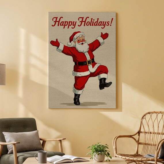 Happy Holidays Dancing Santa Retro Christmas Vintage Style Poster