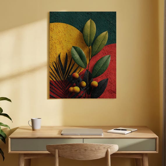 Tropical Botanical Canvas Art Green Leaves With Colorful Abstract Background Modern Nature Wall Decor For Living Room Or Office