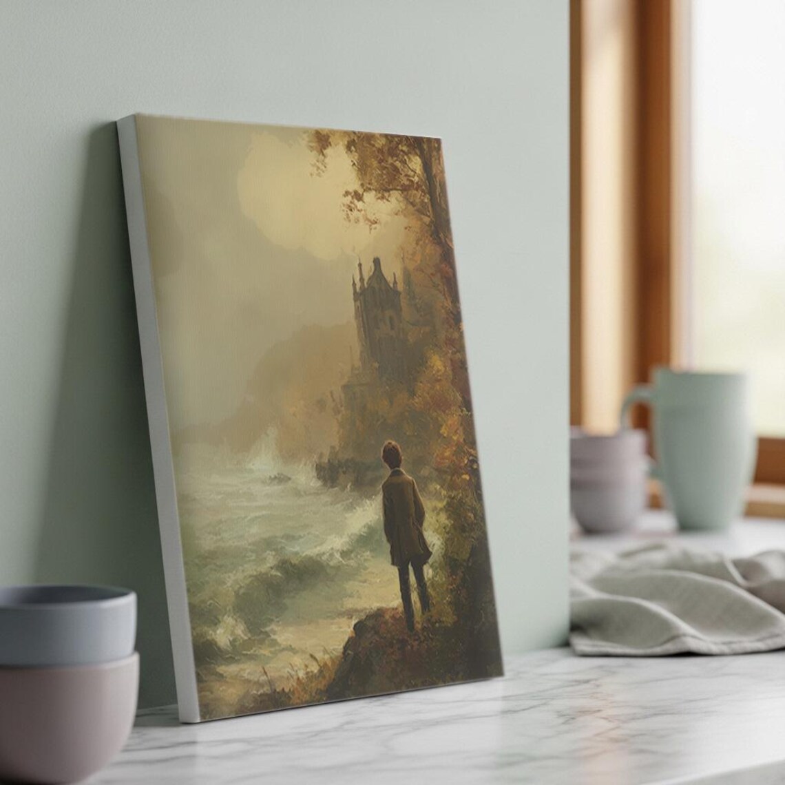 Solitary Boy Gazing At Misty Coastal Castle Moody Seascape Poster