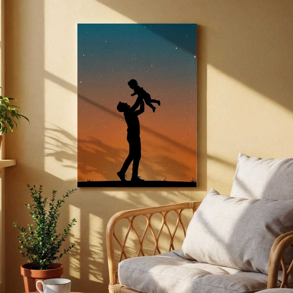 Father Lifting Child Silhouette at Sunset Heartwarming Family Poster