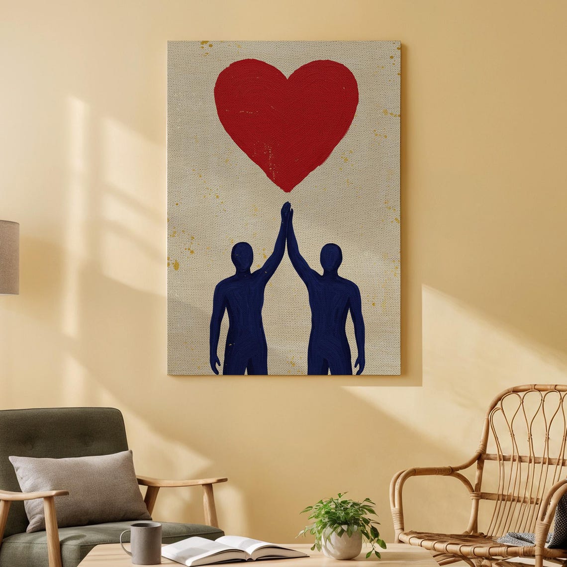 Abstract Love Connection Canvas Wall Art Minimalist Red Heart Painting Symbolic Blue Figures Modern Artwork For Home Or Office Decor