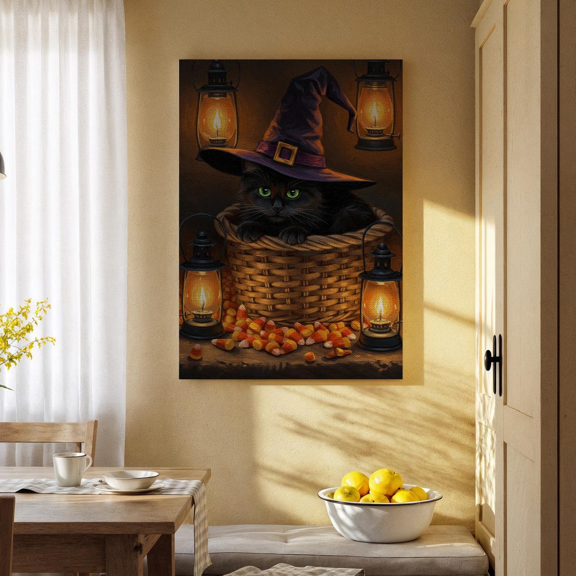 Black Cat In Witch Hat Basket Candy Corn Lantern Halloween Poster