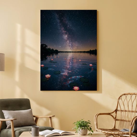 Milky Way Lake Canvas Wall Art Surreal Night Sky Reflection Print Fantasy Water Lily Scene For Living Room Bedroom Or Studio