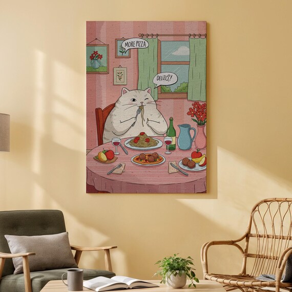 Funny Cat Eating Pasta Italian Table Whimsical Kitchen Art Poster