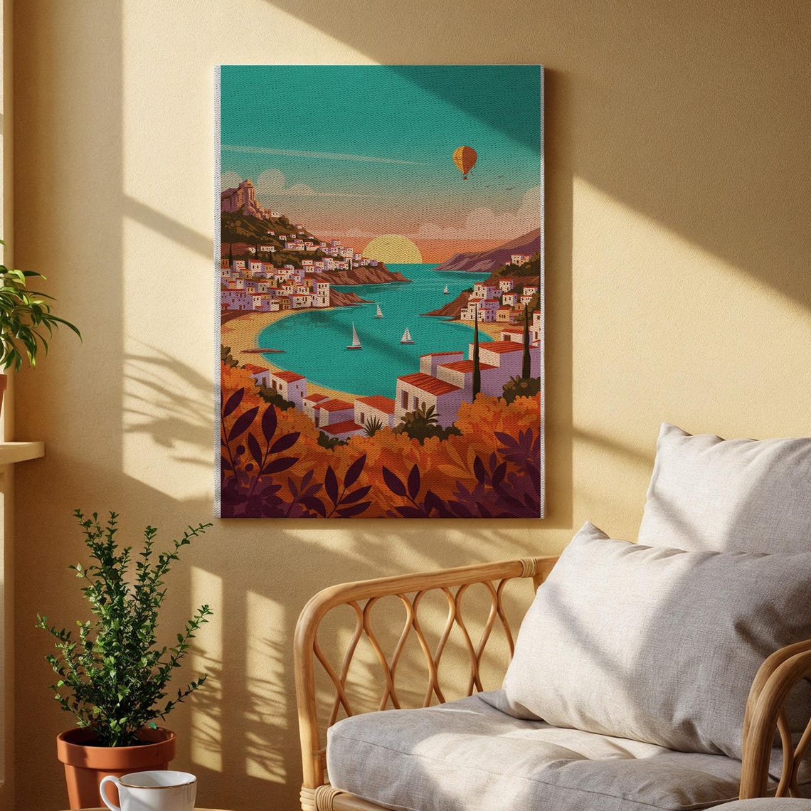 Mediterranean Seaside Village Sunset Colorful Coastal Landscape Poster