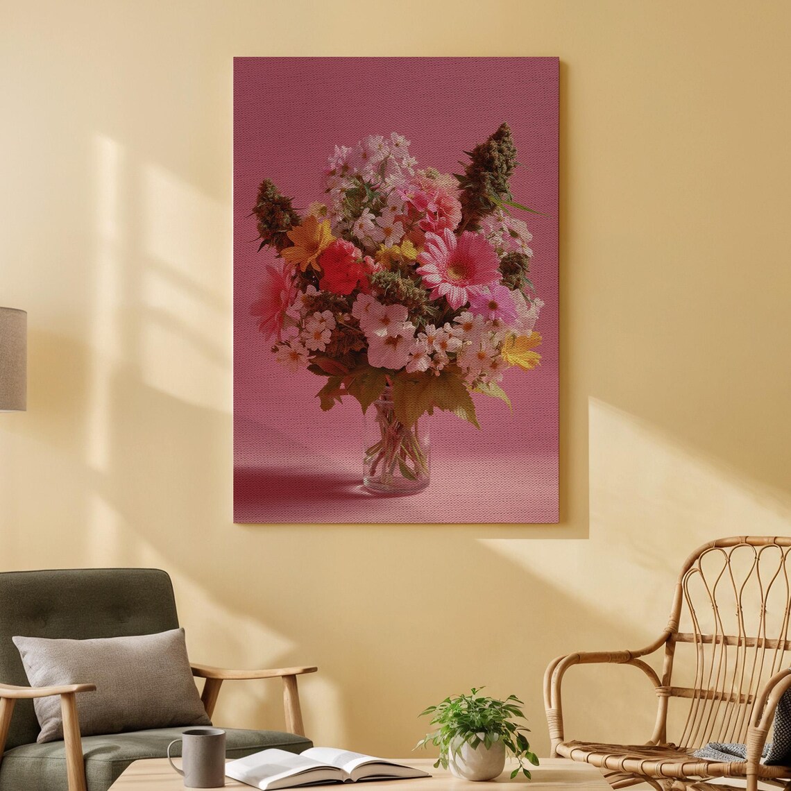 Cannabis Flower Bouquet Pink Glass Vase Bold Botanical Poster