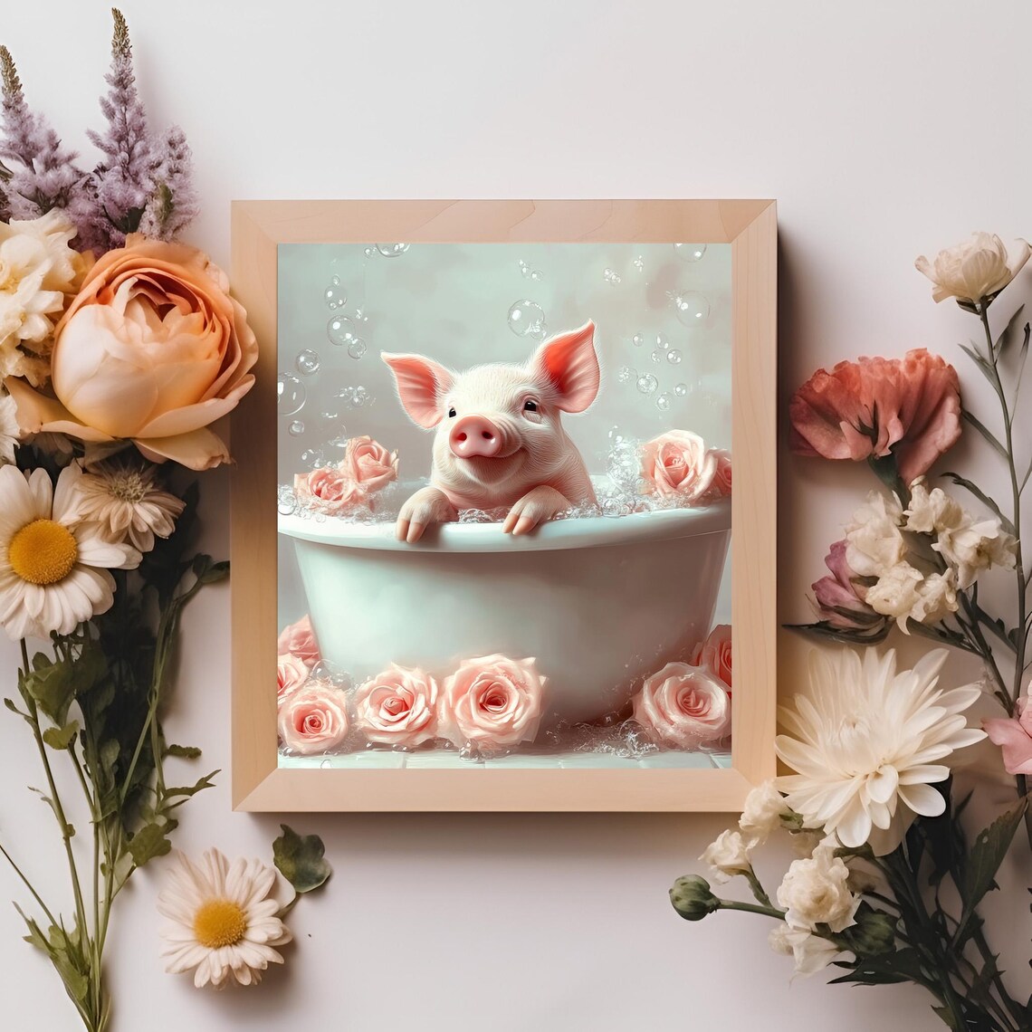 Cute Piglet In A Bathtub, Floral Bathroom Art Print