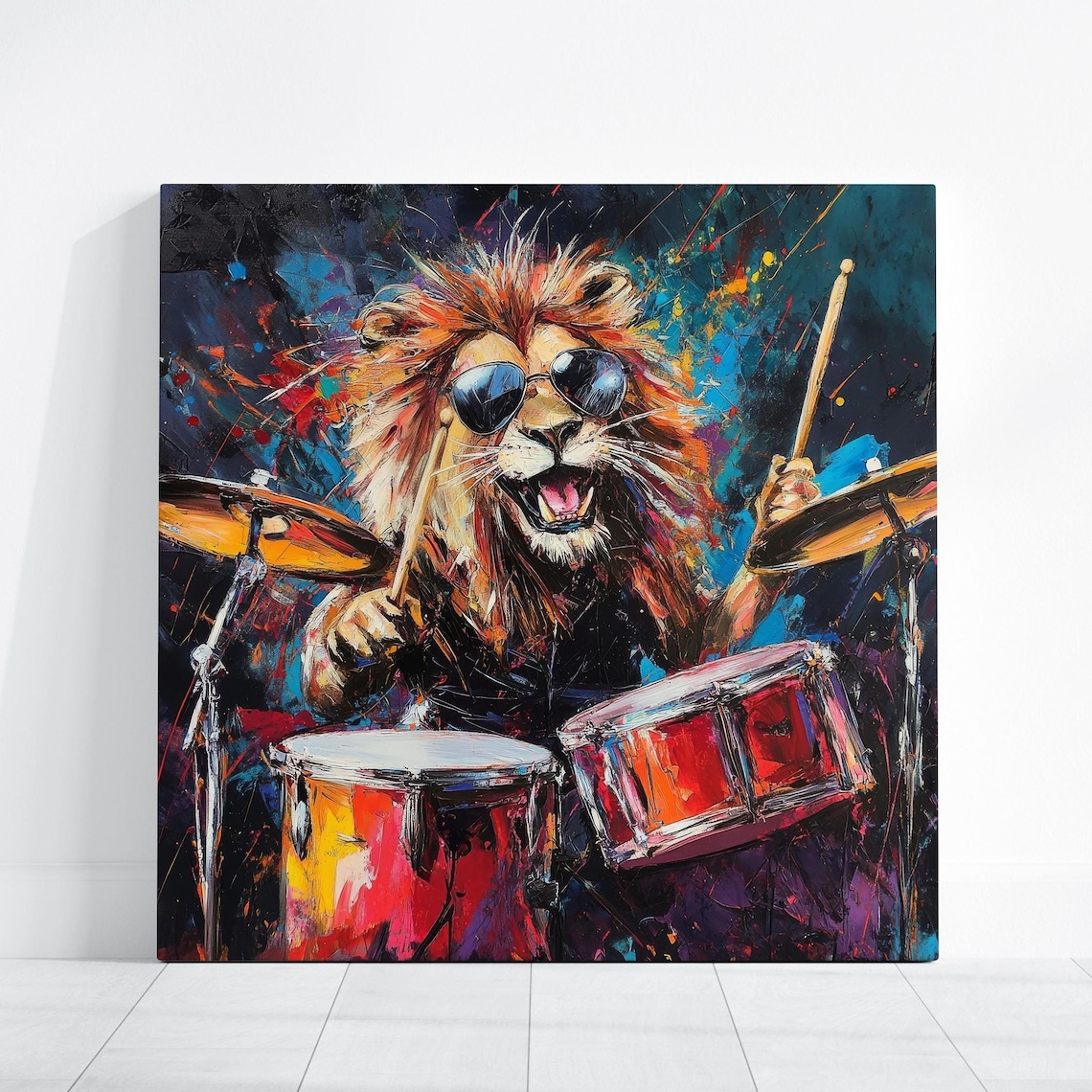 Lion Playing Drum, Rock And Roll Music Poster
