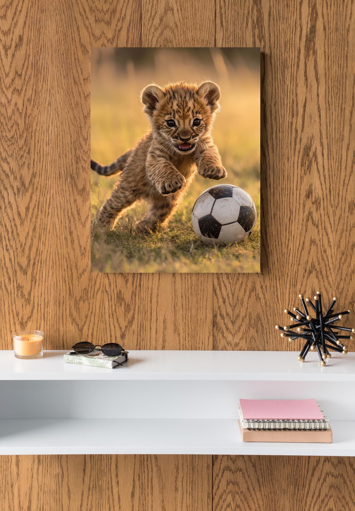 Cute Baby Lion Cub Playing Soccer, Nursery Decor - Image 2