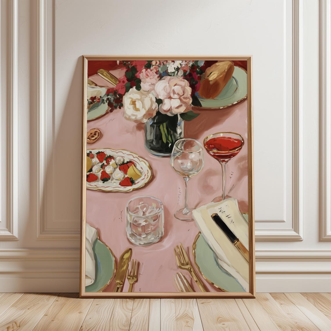Pink Dinner Party Tablescape Still Life Floral Wine Glasses Art Poster