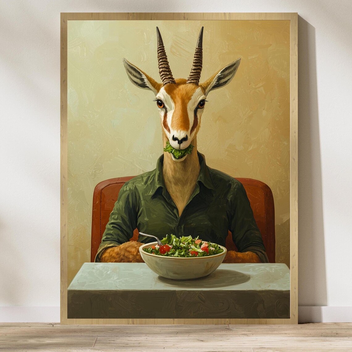 Quirky Gazelle Eating Salad Whimsical Animal Portrait Poster