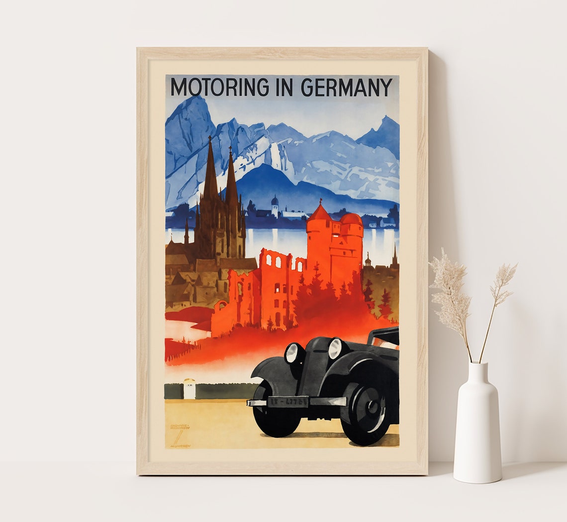 Motoring In Germany Classic Car Castle Alps Vintage Road Trip Poster