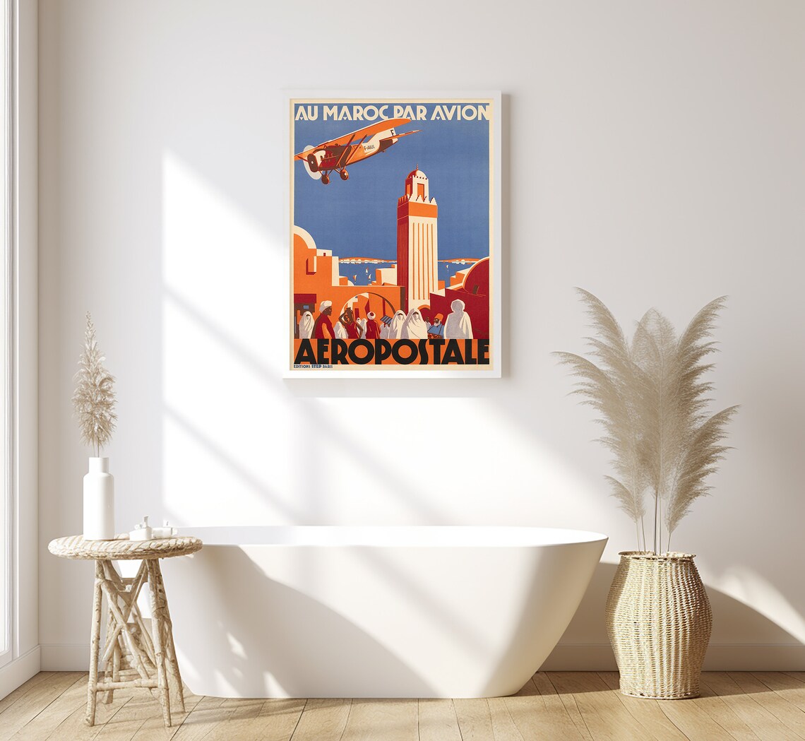 Morocco Au Maroc Par Avion Aeropostale Biplane Medina Minaret Poster - Image 2