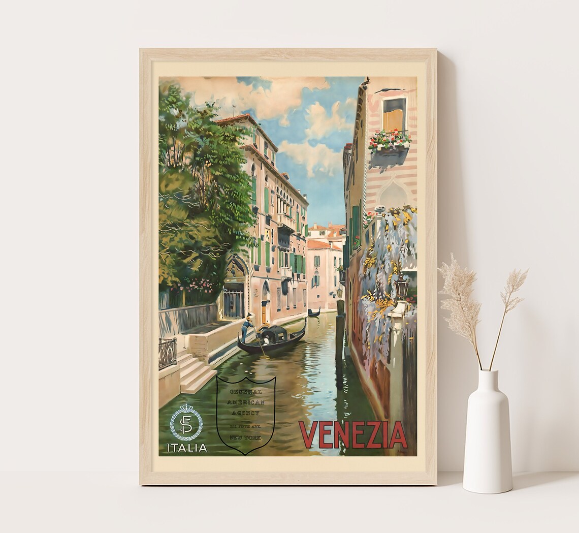 Venezia Italy Grand Canal Gondola Palazzo Vintage Travel Poster