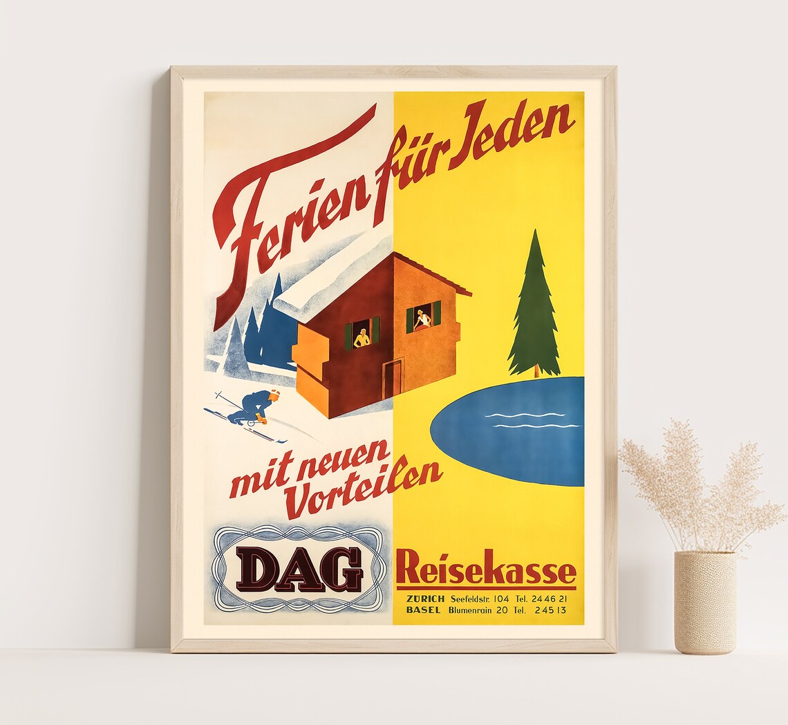Switzerland DAG Holidays Winter Ski Summer Lake Chalet Vintage Poster