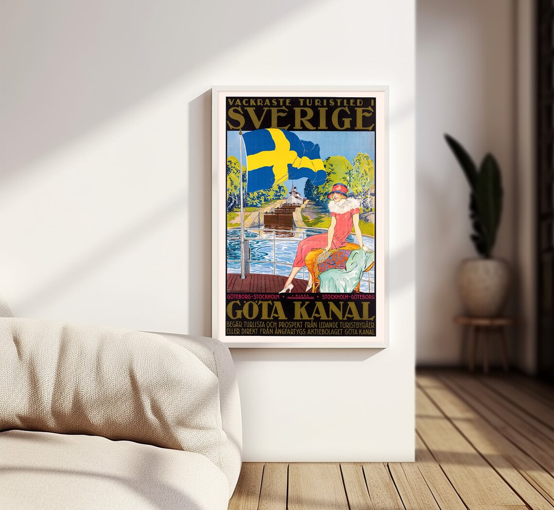 Gota Kanal Sweden Swedish Flag Canal Boat Voyage Vintage Travel Poster - Image 3