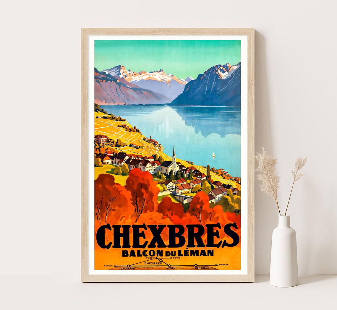 Chexbres Switzerland Vineyard Village Balcony View Vintage Lake Poster