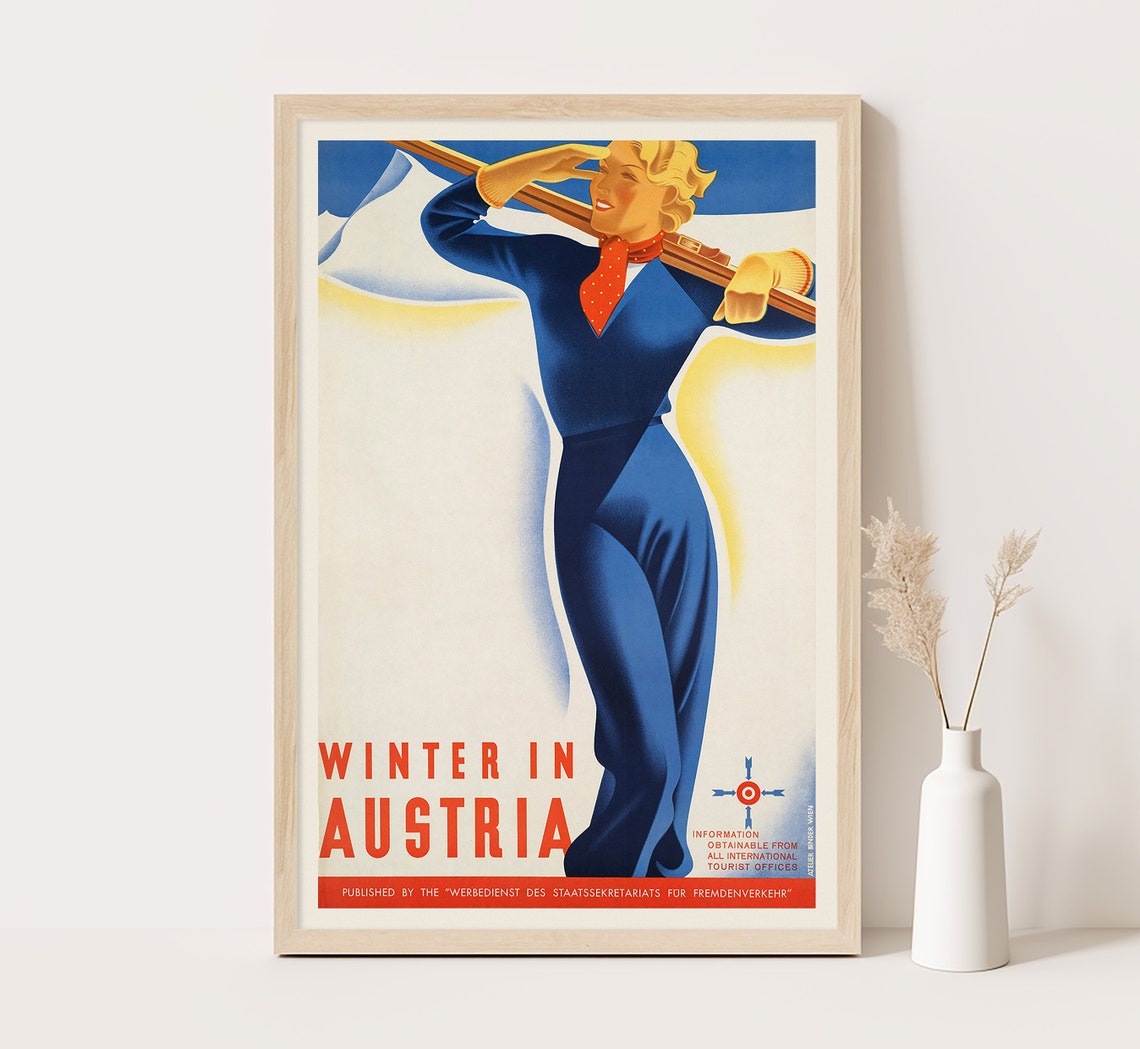 Winter In Austria Smiling Skier Alpine Snow Vintage Travel Poster