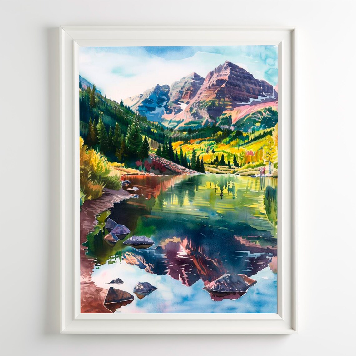Maroon Bells Aspen Watercolor Painting, Mountain Poster