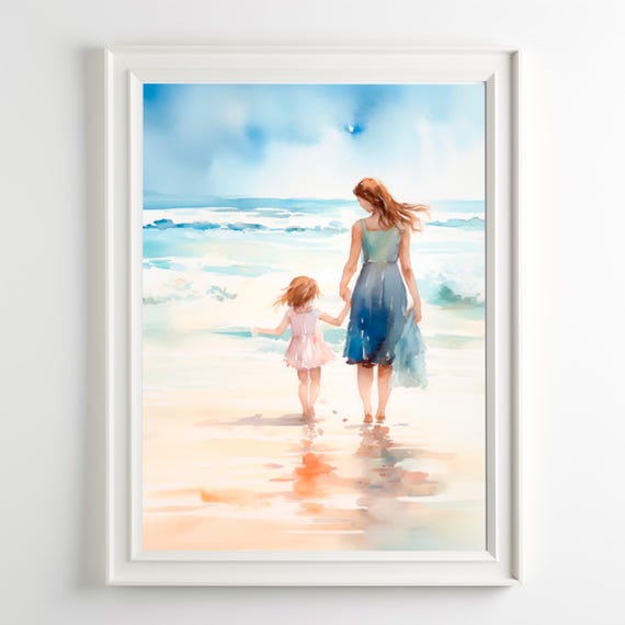 Mother Daughter Beach Family Love Watercolor Art Print