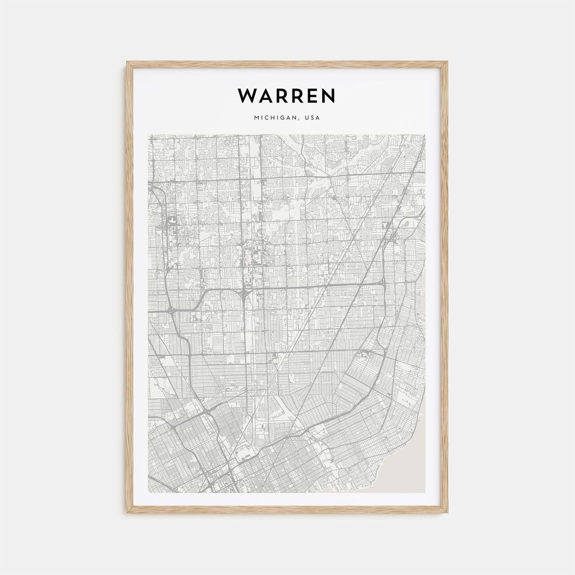 Warren Michigan, USA Minimalist Black White City Street Map Print