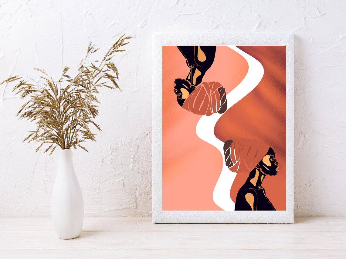 Mirrored Women Headwrap Silhouettes Terracotta Abstract Art Poster