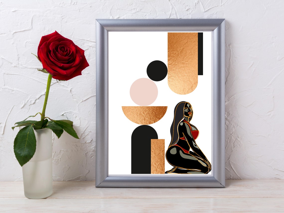 Gold Geometric Woman Abstract Sitting Figure Modern Art Poster