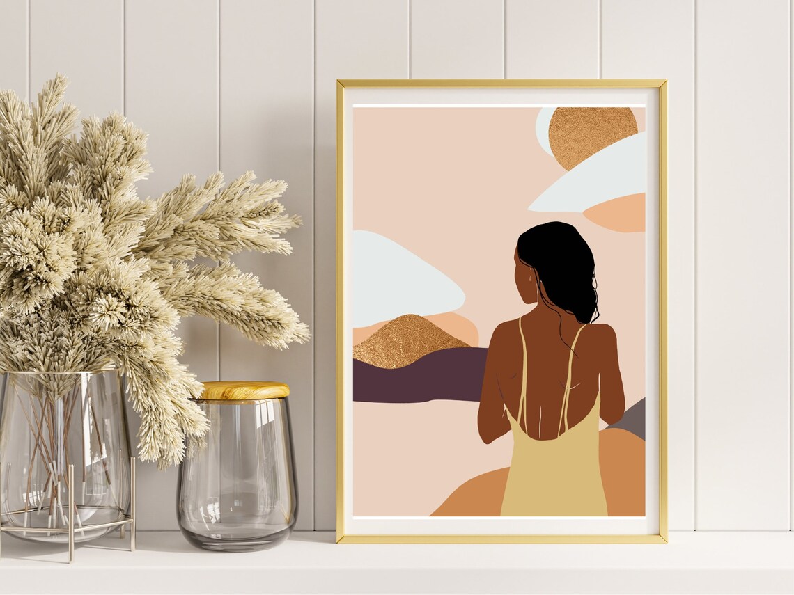 Woman From Behind Yellow Dress Desert Landscape View Art Poster - Image 4