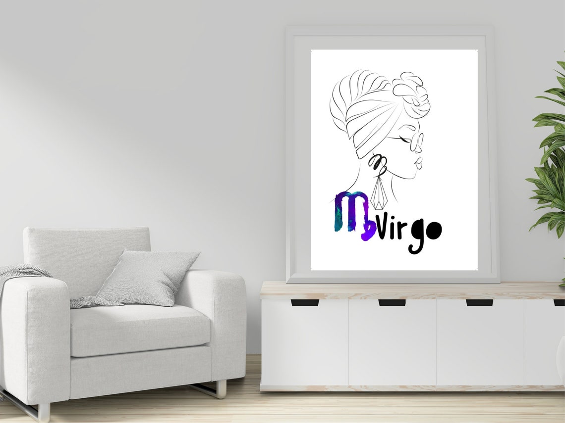 Virgo Zodiac Line Art Woman Headwrap Watercolor Star Sign Poster - Image 3