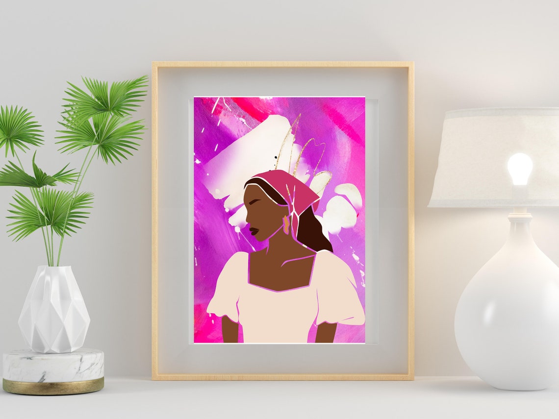 Bold Pink Headwrap Woman White Dress Magenta Abstract Art Poster