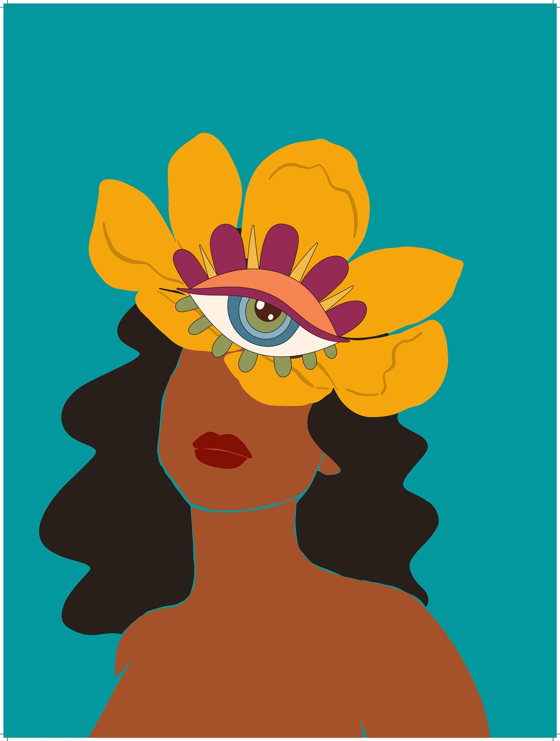 Third Eye Flower Woman Teal Background Abstract Portrait Poster - Image 3