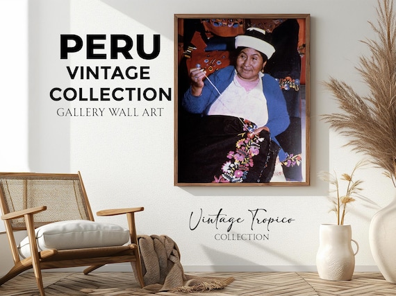 Andean Woman Embroidering Colorful Textile Traditional Peru Vintage Art